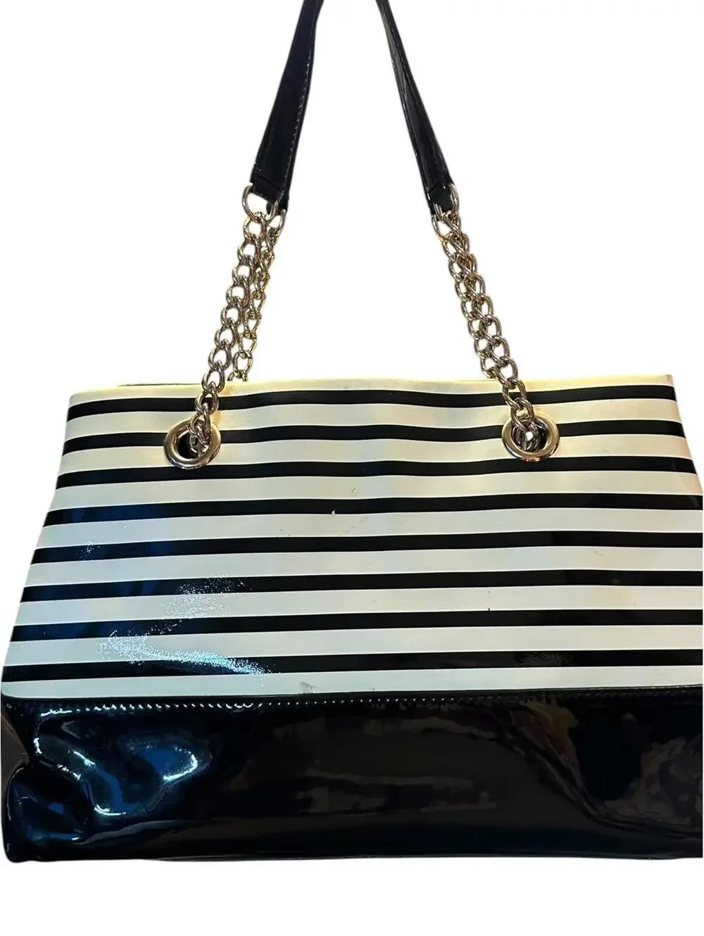Kate Spade Black and White Striped Patent Leather Tote Bag